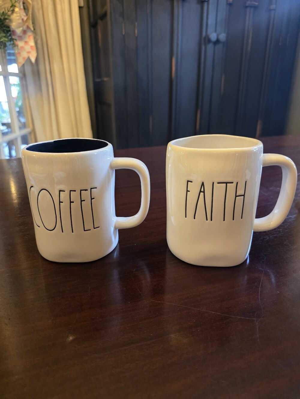 Rae Dunn White Ceramic Mugs 'Coffee' and 'Faith' - Black Lettering